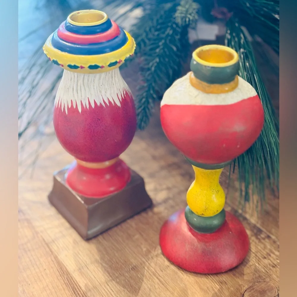 Santa Claus Wooden Folk Art Candle Holders. Vintage | 7” | Unique | Primitive